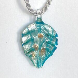 Teal Turquoise Glass Leaf Pendant On Blue Cord Necklace 18in